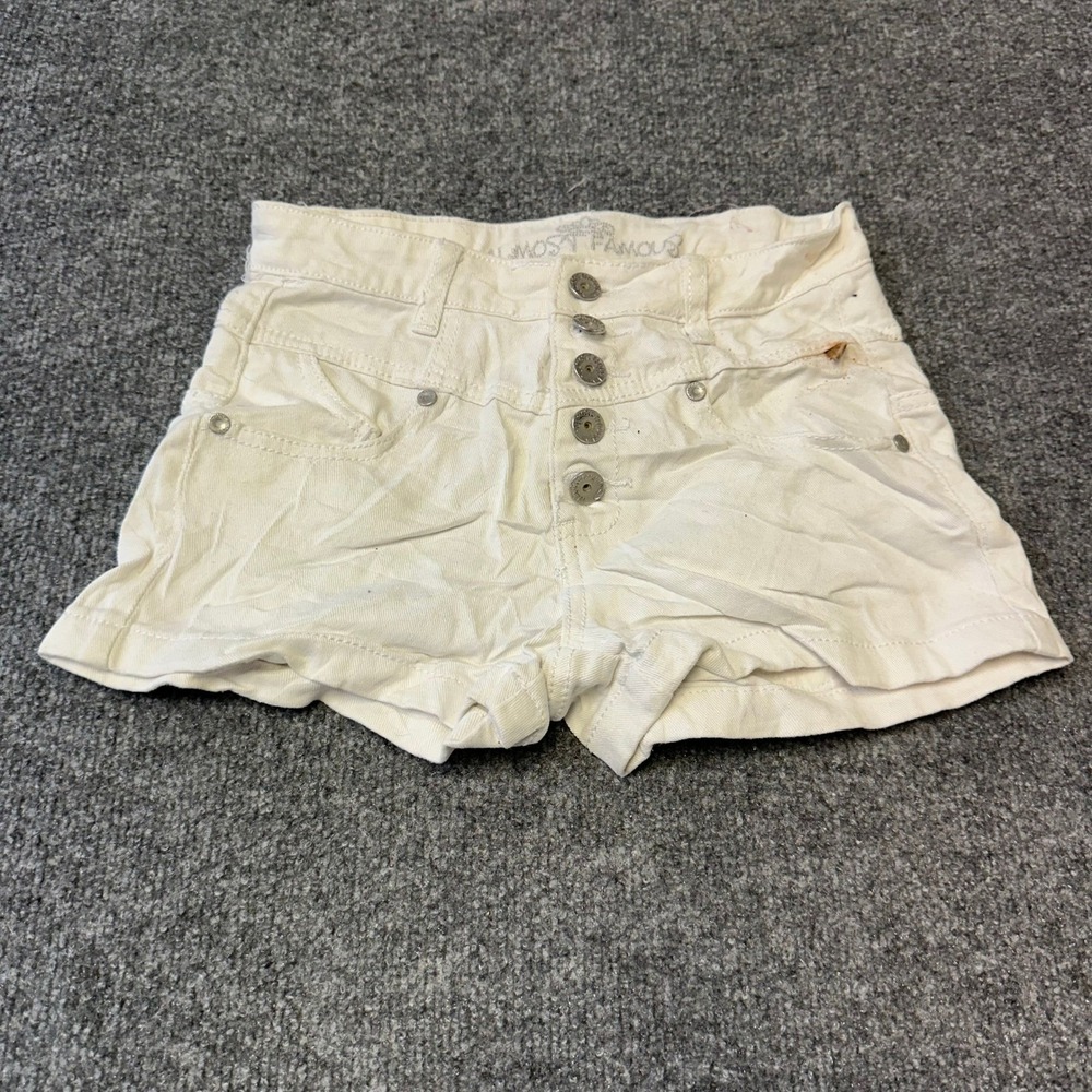 Almost Famous Shorts Womens Size 3 White High Waisted Button Fly Denim Mini Flaw